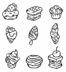 Sweets desserts collection in hand drawn style