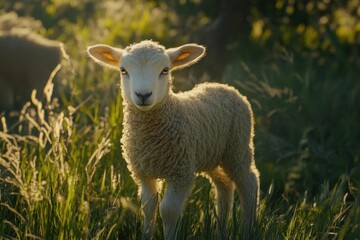 Fototapeta premium Young Sheep Lamb Resting in a Pasture with Soft Morning Light