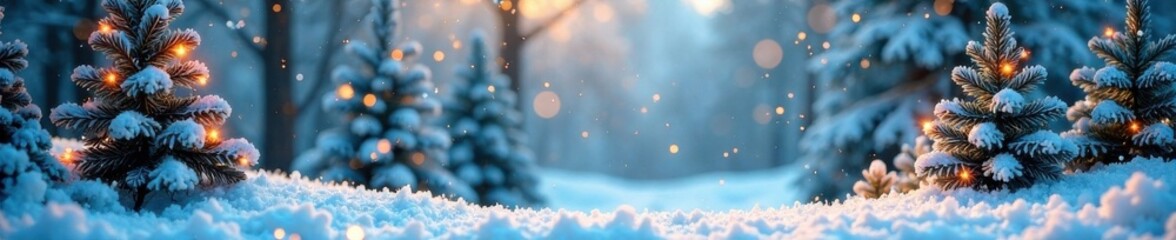 Naklejka premium Colorful festive winter landscape with snowflakes and evergreen trees, snowy landscape, festive atmosphere, frosty winter