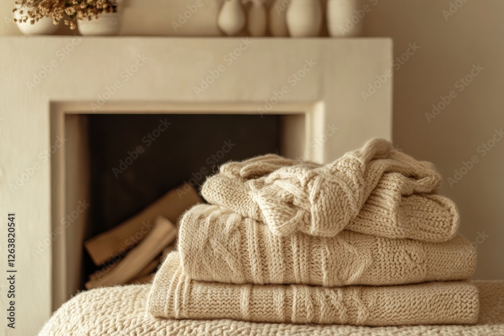Aufkleber warm and cozy knitted sweaters stacked neatly by a fireplace in a serene indoor setting during autum
