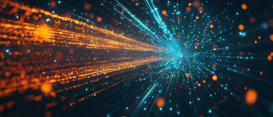 Obraz premium Abstract digital background with glowing particles and light streaks Futuristic data stream visualization with orange and blue colors Concepts of technology, cyberspace, big data, and innovation