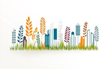 Obraz premium Urban garden illustration with colorful cityscape and tall plants, blending urban life and nature for a vibrant city garden themed vector design