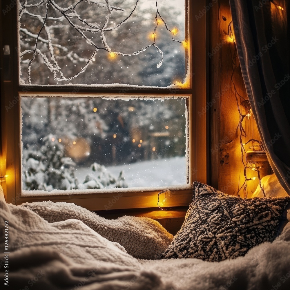 Poster cozy winter afternoon indoors with warm lights and snowy view from the window in a tranquil setting.