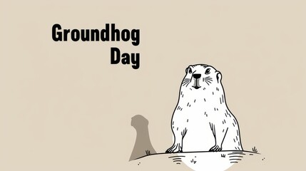 Whimsical illustration of a groundhog standing on a hill with its shadow behind, symbolizing Groundhog Day traditions. Fun and clean design with bold text. AI generated.