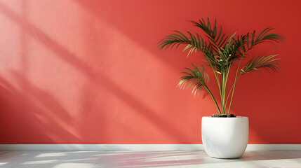 Obraz premium A vibrant indoor scene featuring a lush potted plant against a bold red wall, with soft shadows