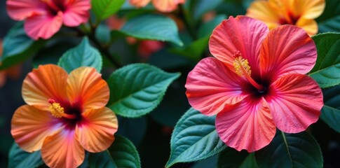 Colorful hibiscus flowers with large leaves, bloom, hibiscus, tropical