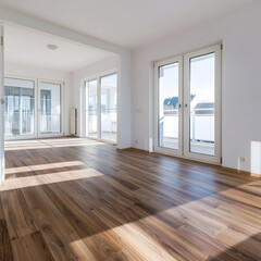 Fototapeta premium Empty Room with Light Wood Flooring and Glass Doors