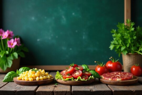 Colorful menu items on a rustic wooden table against a chalkboard wall with fresh herbs and flowers, chalkboard, menu, fresh ingredients