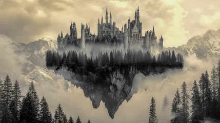 Wandcirkels Mistig bos Fantasy Castle in the Sky: A Misty Mountain Dreamscape  © scrdy