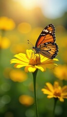 Naklejka premium Butterfly on a sunny wildflower , meadow, butterfly, flower