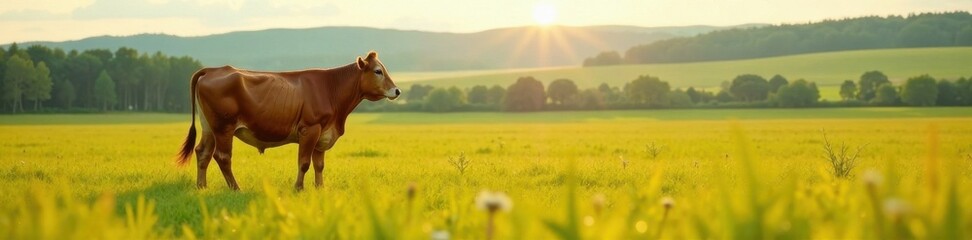 Fototapeta premium Calf standing near cow in field , rural landscape, grassland, farm life