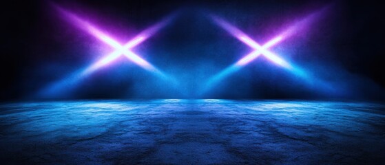 Obraz premium Empty concrete floor with glowing neon Xshaped lights and smoke or fog, creating a futuristic, cyberpunk, or scifi backdrop Perfect for product placement, presentations, or abstract designs