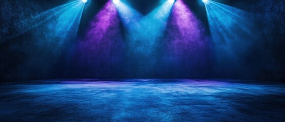 Empty dark room with concrete floor and colorful spotlights, blue and purple neon lights illuminating a grunge wall Ideal background for product placement, presentations, or music events