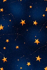 Starry night sky illustration with scattered bright orange stars on a deep navy background, symbolizing hope, imagination, and celestial wonder in a decorative cosmic design