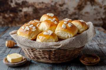 Freshly baked rolls in a woven basket with butter and honey on a rustic wooden table
