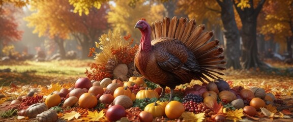 Colorful turkey surrounded by autumn leaves and harvest elements , harvest, autumn, celebration