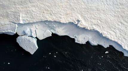 Melting iceberg with large sections calving into dark ocean water