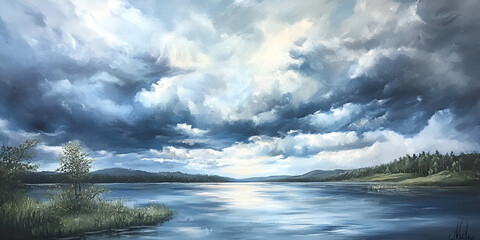 Obraz premium Clouds Over a Quiet Wilderness Lake at Dawn