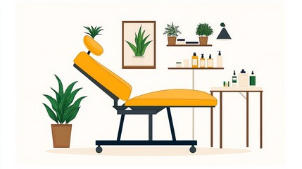 Fototapeta premium Minimalist spa treatment table in a bright, organized wellness room with green plants and natural elements for a serene relaxation setup