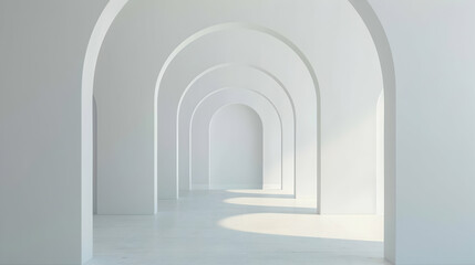 Fototapeta premium Serene white corridor with arched doorways, soft lighting creating calm ambiance