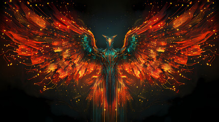 Cybernetic phoenix with circuit wing patterns. Cybernetic Phoenixes. Illustration