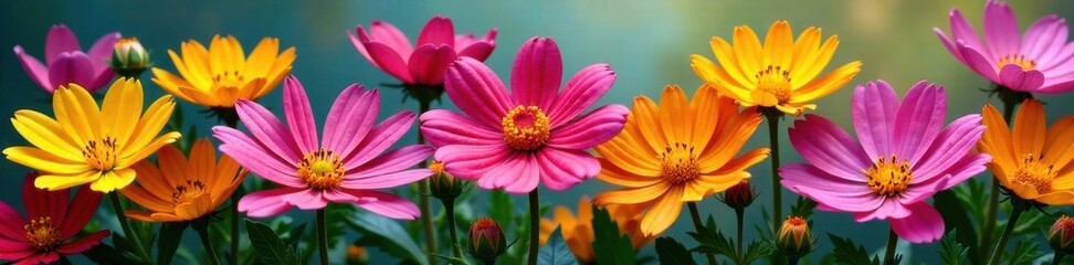 Colorful wild flowers in a bunch with petals of different shapes and sizes, nature, garden