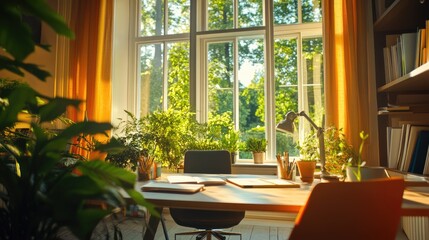 Fototapeta premium A bright, plant-filled home office featuring recycled-paper notebooks and bamboo pens.