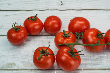 Fresh red vine tomatoes with water droplets on rustic wooden background