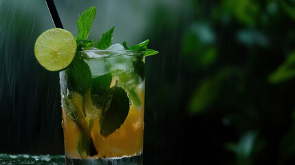 Refreshing mojito with mint leaves and lime slices in rain