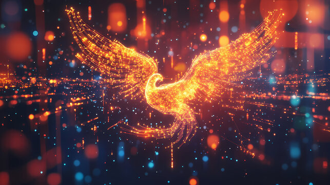 Glowing cybernetic phoenix soaring through digital realm of innovation. Cybernetic Phoenixes. Illustration