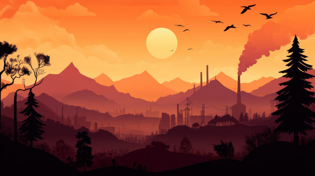 mountain landscape with pollution from factories sunset, showcasing nature beauty and industrial