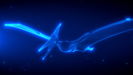 Glowing holographic representation of a Pterodactyl dinosaur bird flying in a futuristic digital environment with neon blue light © agratitudesign