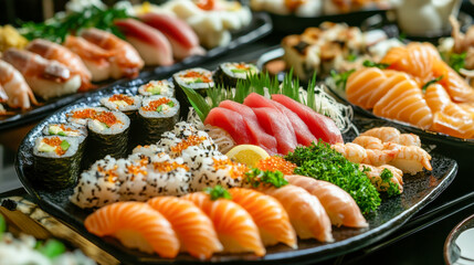 Elegant sushi platter presentation with a variety of rolls