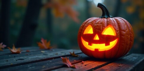 Carved face of pumpkin glowing on wooden plank , eerie, pumpkin, halloween