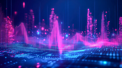 Futuristic data stream analysis in holographic city skyline