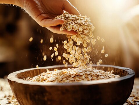 Woman pouring rolled oats into wooden bowl - Powered by Adobe