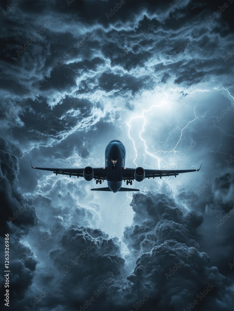 Poster stormy skies over a commercial airplane flying through dark clouds and lightning during a turbulent 