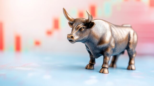 Charging bull figurine in front of a fluctuating stock market graph with red and green trend lines symbolizing economic expansion, financial resilience, and investor confidence