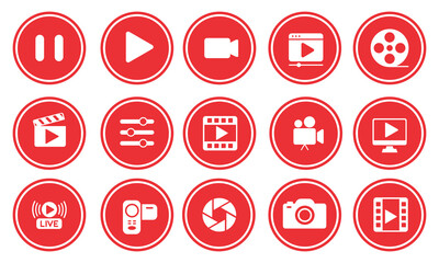 Video player icon set. Containing play or start button, pause or stop, media, camera, live, cinema, multimedia, film, handycam, clapperboard, movie, streaming or online video. Vector illustration