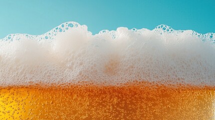 Bubbly beer with frothy head against clear blue sky inviting summer enjoyment and relaxation outdoors