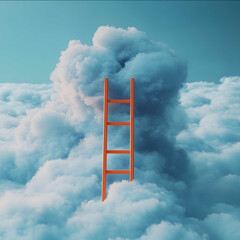 Create a hyperrealistic image 8k with details of a sky scene with a cloud and an orange ladder going over this cloud images in shades of blue and light blue and