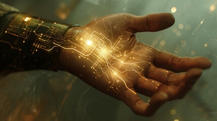 A futuristic cybernetic hand with glowing digital circuits embedded in the skin, symbolizing the fusion of technology and humanity in an advanced digital age. AI generated.