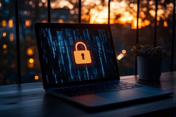 Cybersecurity risk concept with an open laptop displaying a glowing padlock against a moody evening background, symbolizing online data protection, encryption, privacy measures, and digital security