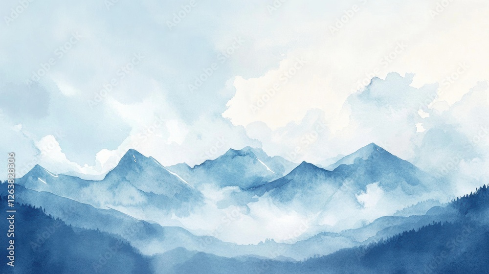 Poster serene mountains shrouded in mist against a soft blue sky in early morning light. generative ai