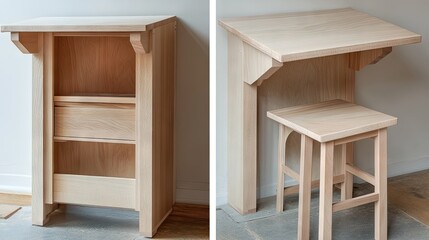 Fototapeta premium A hidden pull-out workstation inside a stylish wooden cabinet.