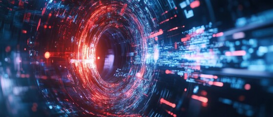 Futuristic data stream tunnel with binary code and swirling red and blue lights Concept of technology, cyberspace, big data, and digital information flow