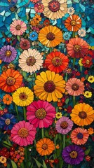A colorful arrangement features blooming zinnias in a dazzling array of hues. Their lively patterns form an intricate design, creating an eye-catching floral display.
