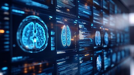High-tech medical display showcasing brain scans and health data in a futuristic hospital setting