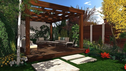 Fototapeta premium A modern backyard patio with a pergola made from reclaimed timber.