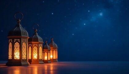 Obraz premium Illuminating islamic geometric lanterns night sky photography serene atmosphere close-up glowing patterns